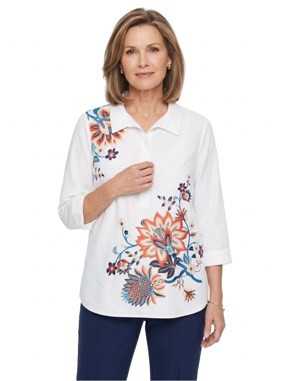 Chico's Cream Pop Over Blouse with Orange and Blue Floral Print Sz 12